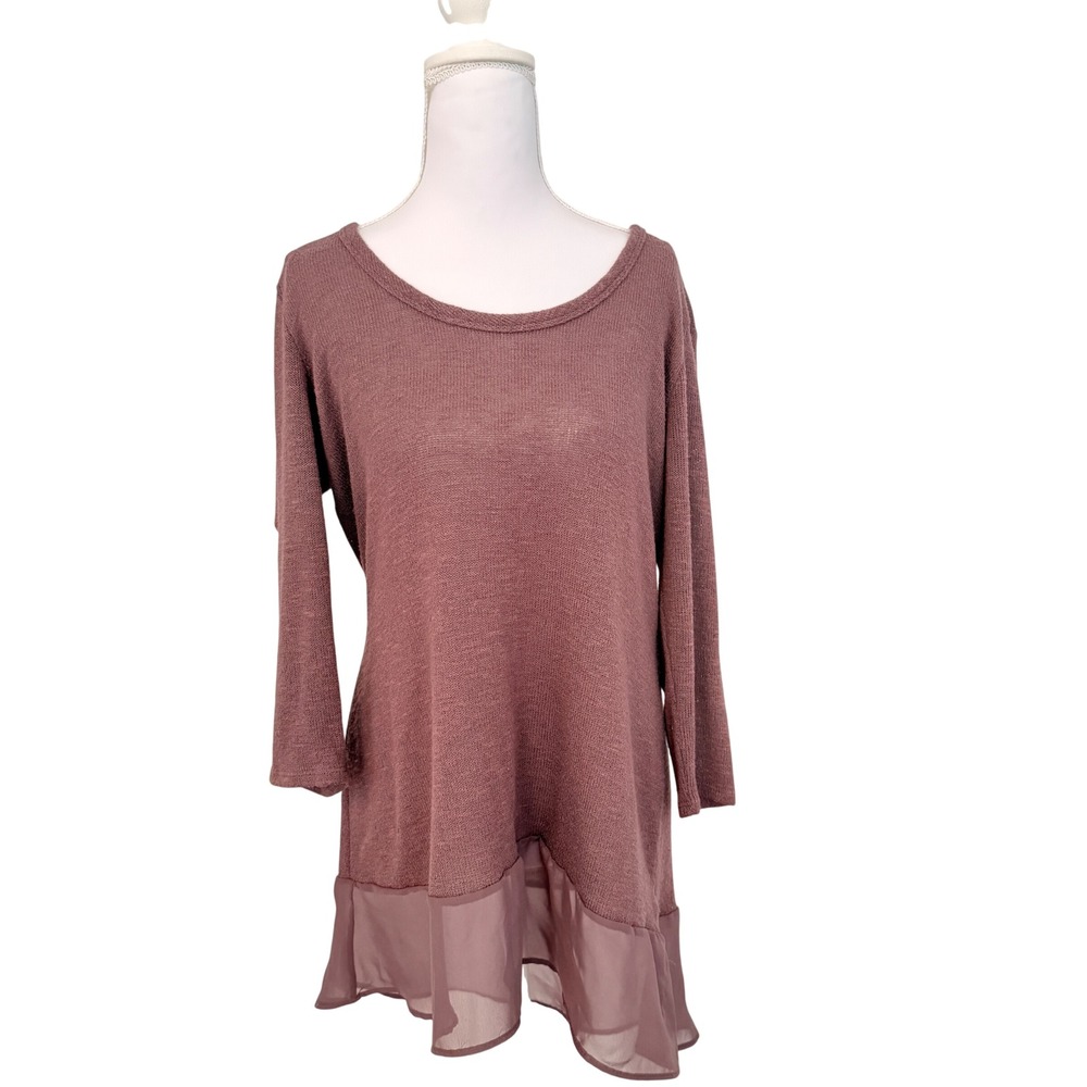 Studio Y Tunic Top Womens Large Mauve Purple Chiffon Hem 3/4 Sleeve Knit Relaxed